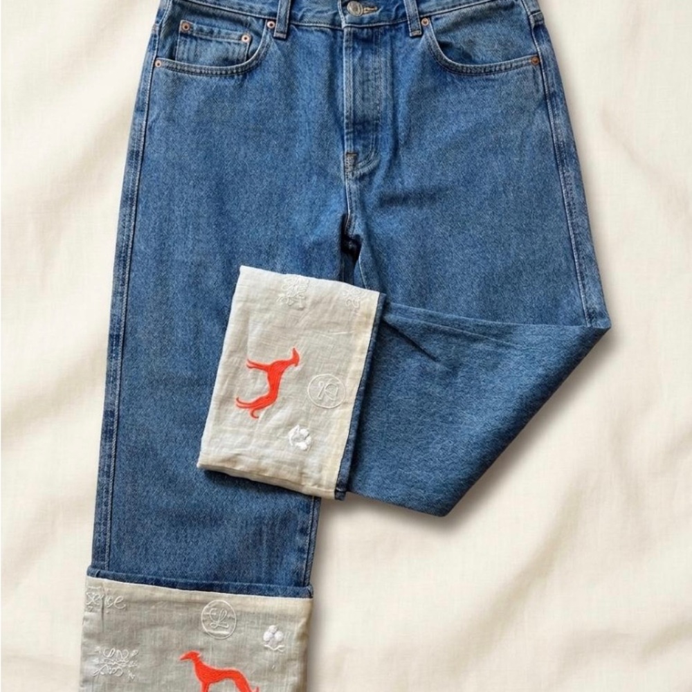 LOEWE Blue Denim Women’s Jeans with Embroidered Cuffs - Picture 3 of 16